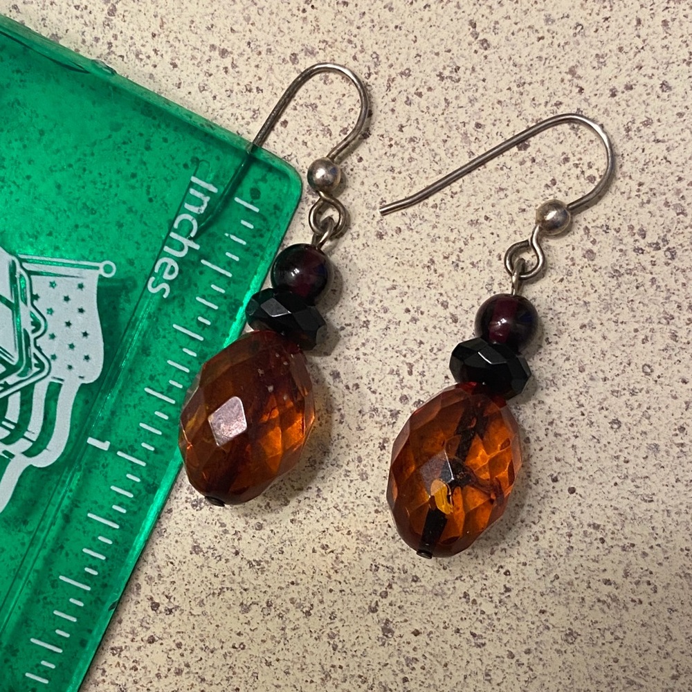 Faceted amber earrings 1” drop silver French hook - Picture 3 of 3